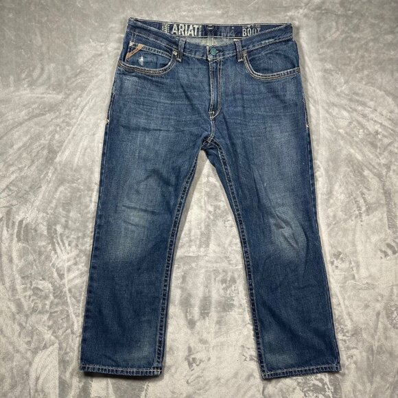 Ariat M4 Low Rise Boot Cut Mens Jeans 38x30 Distressed Denim Dark Wash Classic - Picture 1 of 10